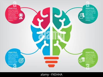 Infografico colorati per business report e la presentazione con quattro elementi utilizzando una combinazione di cervello e lampadina Illustrazione Vettoriale