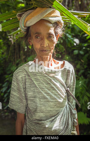 Ubud, Indonesia - 28 Febbraio 2016: Ritratto di senior donna Balinese che trasportano le foglie sulla testa, Ubud, Bali, Indonesia. Foto Stock