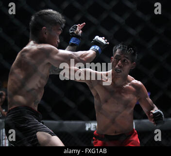 Pasay City, Filippine. Xv Apr, 2016. Honorio Banario (R) e Vaugh Donayre delle Filippine lotta durante la loro leggerezza corrispondono in un campionato in Pasay City, Filippine, 15 aprile 2016. Banario vinto mediante decisione unanime. Credito: Rouelle Umali/Xinhua/Alamy Live News Foto Stock