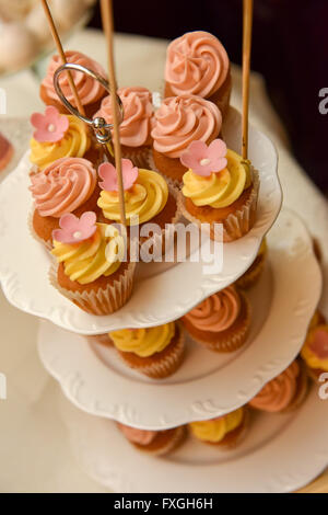 Tortine con giallo e rosa la crema su piastre Foto Stock