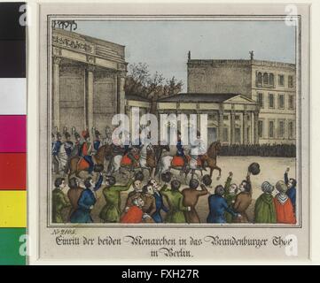 Ritt von Kaiser Franz Joseph I. und König Friedrich Wilhelm IV. von Preussen durch das Brandenburger Tor in Berlin Foto Stock