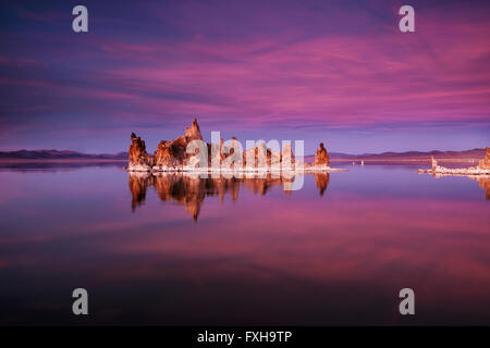 California's Mono lago al tramonto. Si tratta di formazioni di tufo riflettono il colore del cielo. Foto Stock