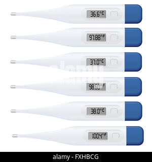Set di moderno, digitali, termometri medici isolati su sfondo bianco. 3d'illustrazione. Foto Stock
