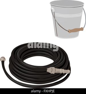 Giardino con il tubo flessibile e la benna, il vettore isolato Illustrazione Vettoriale