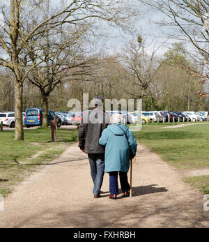 Uomo a spasso con sua madre in pensione. Vista posteriore. Foto Stock