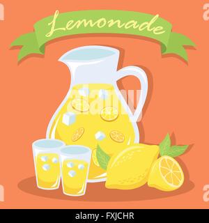 Limonata Fresca succo Illustation brocca con banner verde Illustrazione Vettoriale