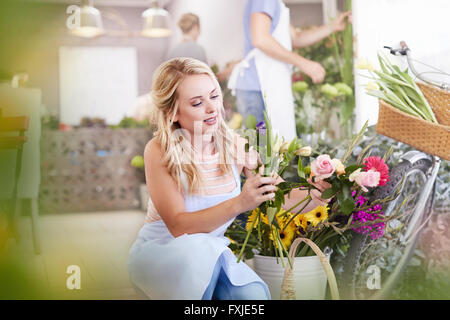 Fioraio selezione di fiori in negozio di fiori Foto Stock