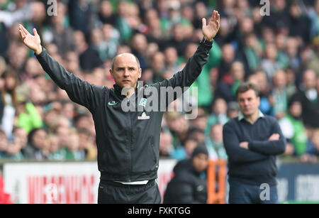 Bremen, Germania. Xvi Apr, 2016. Brema's head coach Viktor Skripnik reagisce durante la Bundesliga tedesca partita di calcio tra Werder Brema e VfL Wolfsburg al Weserstadion di Brema, Germania, 16 aprile 2016. Foto: CARMEN JASPERSEN/dpa (EMBARGO CONDIZIONI - ATTENZIONE: grazie all'accreditamento guidlines, il DFL consente solo la pubblicazione e utilizzazione di fino a 15 immagini per corrispondenza su internet e nei contenuti multimediali in linea durante la partita.) © dpa/Alamy Live News Foto Stock