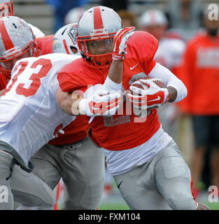 Albuquerque, NM, Stati Uniti d'America. Xvi Apr, 2016. Proprio la #20 Daryl Chestnut cerca di ottenere dal raggiungere #33 Alex Hart nel loro scrimmage sabato presso la University Stadium. Sabato, Aprile. 16, 2016. © Jim Thompson/Albuquerque ufficiale/ZUMA filo/Alamy Live News Foto Stock