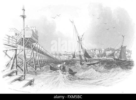 RYDE: Pier Mare: IOW Harwood città barche, antica stampa 1841 Foto Stock