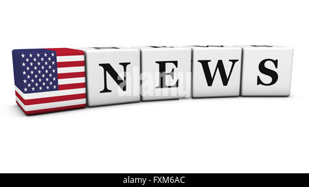 USA il concetto di notizie di notizie con la parola e segno e gli Stati Uniti d'America bandiera su cubetti 3D illustrazione isolato su bianco. Foto Stock