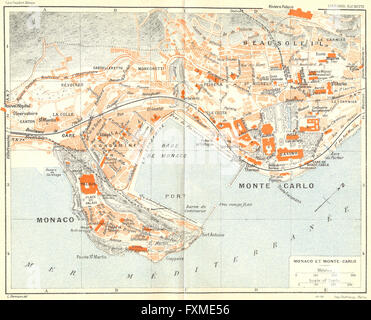 COTE D'AZUR: Monaco et Monte-Carlo, 1926 Vintage map Foto Stock