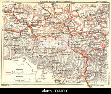 Ariège: St Girons, Aullo, Ax-les-Thermes, 1926 Vintage map Foto Stock