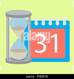 Pianificazione del tempo termine clessidra e calendario. Il tempo è denaro e timeline, la gestione e il tempo, il calendario e la scadenza del calendario, Foto Stock