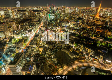 La torre di Tokyo e alti edifici di notte a Tokyo in Giappone Foto Stock