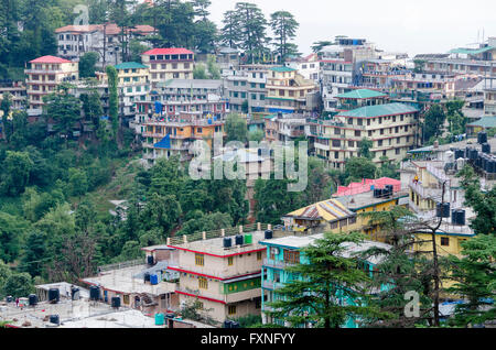 Edifici sulla collina, McLeod Ganj, Dharamshala, Distict Kangra, Himachal Pradesh, India. Foto Stock