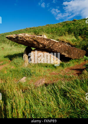 Cercando SE, di navigazione/in salita a terra-fast capstone del Re del Neolitico Quoit camera sepolcrale Manorbier, supportato da 2 edge-pietre incastonate a n. Foto Stock