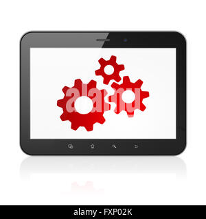 Il concetto di informazione: Computer tablet con gli ingranaggi sul display Foto Stock