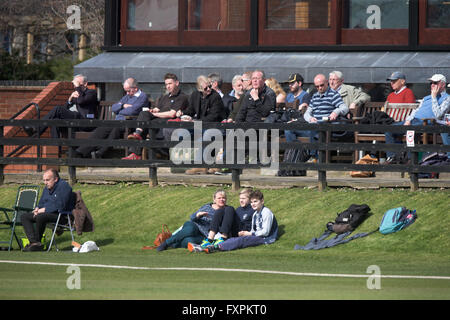 Cambridge University studente il cricketers giocando a Fenner la terra all'inizio della stagione in una giornata di sole. Foto Stock