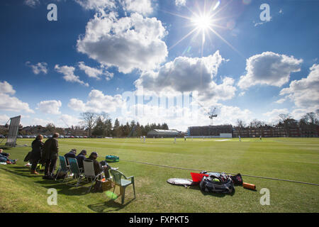 Cambridge University studente il cricketers giocando a Fenner la terra all'inizio della stagione in una giornata di sole. Foto Stock