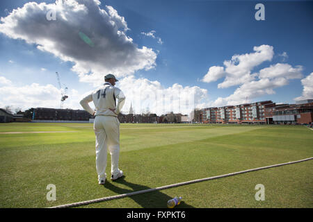 Cambridge University studente il cricketers giocando a Fenner la terra all'inizio della stagione in una giornata di sole. Foto Stock