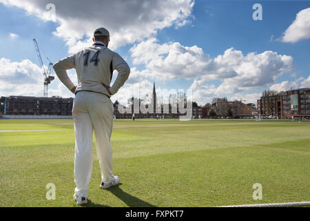 Cambridge University studente il cricketers giocando a Fenner la terra all'inizio della stagione in una giornata di sole. Foto Stock