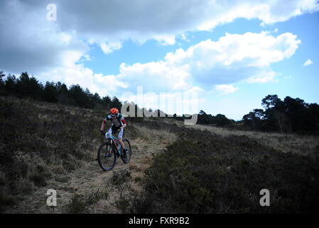 Woodbury Common, Devon, Regno Unito, 17 aprile 2016. Un junior rider consente di spostarsi tra i mori durante il round 1 del Sud Ovest XC MTB mountain bike Race svoltosi a Woodbury Common vicino a Exeter. @ David Partridge / Alamy Live News Foto Stock