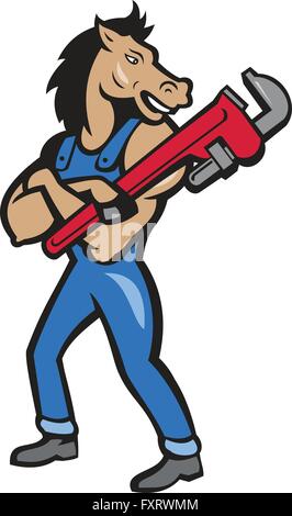 Illustrazione di un cavallo plumber in piedi con le braccia incrociate holding Monkey Wrench guardando al lato impostato su isolato sfondo bianco fatto in stile cartoon. Illustrazione Vettoriale