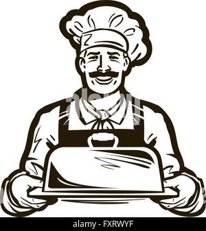 Disegno di un chef con il cappello e la piastra calda vassoio. disegnati a mano illustrazione vettoriale Illustrazione Vettoriale
