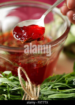 Donna dita holding cucchiaio nella giara di fatti in casa marmellata di ribes Foto Stock