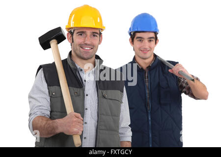 Duo di falegnami isolato su bianco Foto Stock