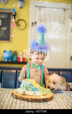 Baby boy e cane fissando confuso torta di compleanno sul tavolo Foto Stock