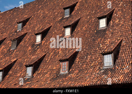 Wielki Mlyn tetto in Gdansk, Il Grande Mulino con l'aumento del tetto di tegole e windows, edificio esterno alla Città Vecchia di Danzica, Polonia. Foto Stock