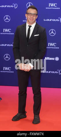 Berlino, Germania. Xviii Apr, 2016. Calcio italiano player Alessandro Del Piero arriva alla Laureus Sport Awards di Berlino, Germania, 18 aprile 2016. I premi sono stati presentati per la diciassettesima volta. Foto: JOERG CARSTENSEN/dpa/Alamy Live News Foto Stock