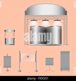 Illustrato creativi unici stand espositivi di progettazione display con tavolo e sedia, scheda info, Roll up. Modello di stand. Corporate identity. Visualizzare mock-up. Vector mock-up Illustrazione Vettoriale