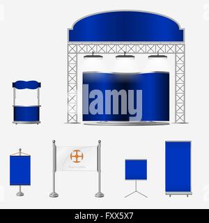 Illustrato creativi unici stand espositivi di progettazione display con tavolo e sedia, scheda info, Roll up. Modello di stand. Corporate identity. Visualizzare mock-up. Vector mock-up Illustrazione Vettoriale