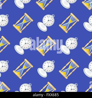 Vector colorato design piatto vari sabbia orologio watch retrò orologi da tasca deco seamless pattern sfondo blu Illustrazione Vettoriale