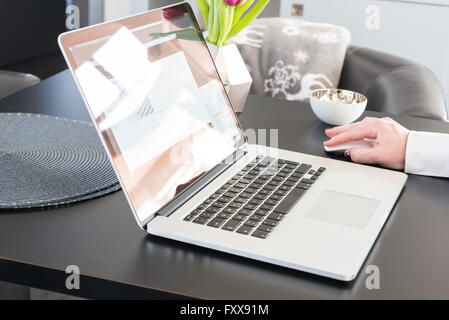 La donna sta lavorando con il computer portatile con la riflessione della finestra Foto Stock