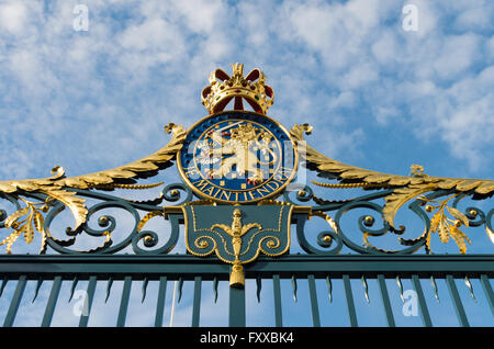 Cancello con Royal Dutch emblema del Palazzo Noordeinde all'Aia, Paesi Bassi Foto Stock