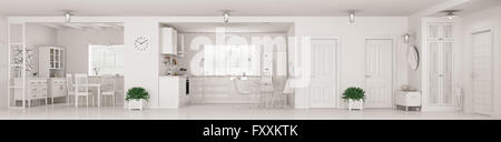 Arredamento moderno di cucina bianca, hall, sala da pranzo, panorama 3d rendering Foto Stock