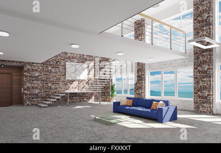 Interno del moderno soggiorno con divano blu 3D rendering Foto Stock