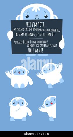 Carino piccolo Yeti set. Yeti chiedendo l'amicizia. Picchi di lui fuori da dietro la porta, egli è spaventato, danze e accoglie con favore. Illustrazione Vettoriale