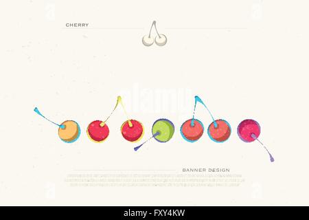 Set di colorate icone di ciliegia isolati su sfondo bianco. vettore di frutta fresca banner. design fresco e delizioso prodotto naturale pac Illustrazione Vettoriale