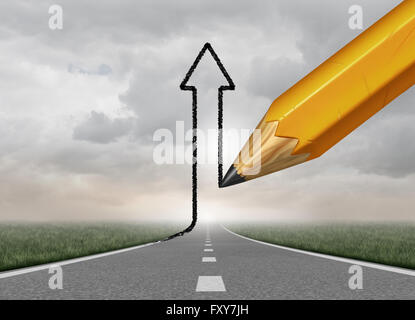 Business di successo di direzione e controllo di successo come simbolo di un disegno a matita di un verso l'alto 3D illustrazione freccia da una strada diritta come motivazione la metafora per prendere l autorità del vostro percorso verso il successo. Foto Stock