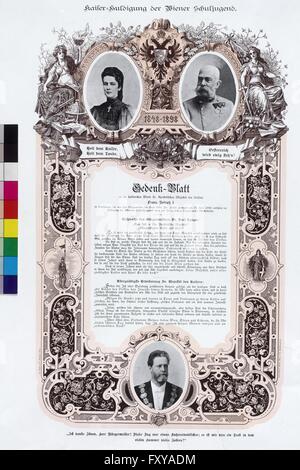 Gedenkblatt der Schulkinder-Huldigung zum 50. Thronjubiläum Kaiser Franz Josephs I. Foto Stock