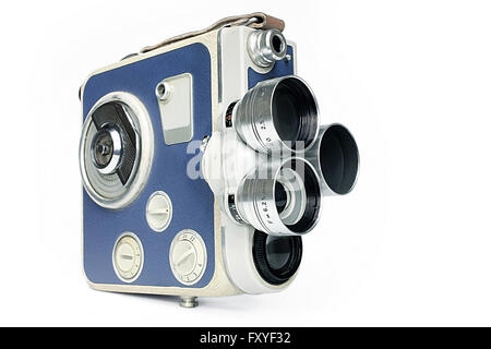 Vintage movie camera fronte isolato su bianco Foto Stock