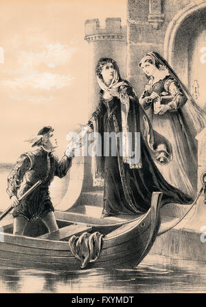 Maria Stuart o Maria I., Regina di Scozia in fuga da Loch Leven Castle, 1568 Foto Stock