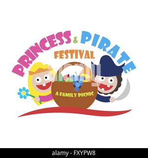 La principessa del logo e la festa dei pirati un picnic in famiglia. illustrazione vettoriale Illustrazione Vettoriale