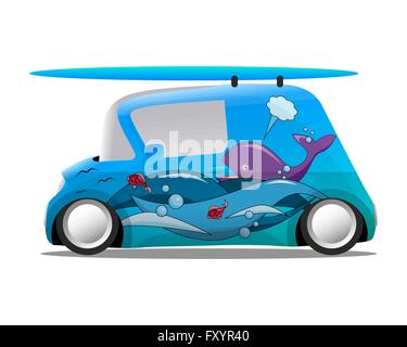 Ocean aerography mini cartoon auto con una tavola da surf, illustrazione vettoriale Illustrazione Vettoriale