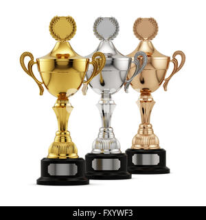 Conquistando il successo gold, silver e bronze award cups isolati su sfondo bianco. Campionato di concorrenza e di concetto del torneo Foto Stock